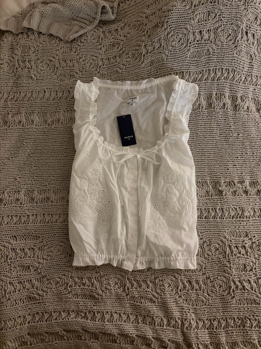Parke White Eyelet Button Front Tank Top - Ruffle Neck